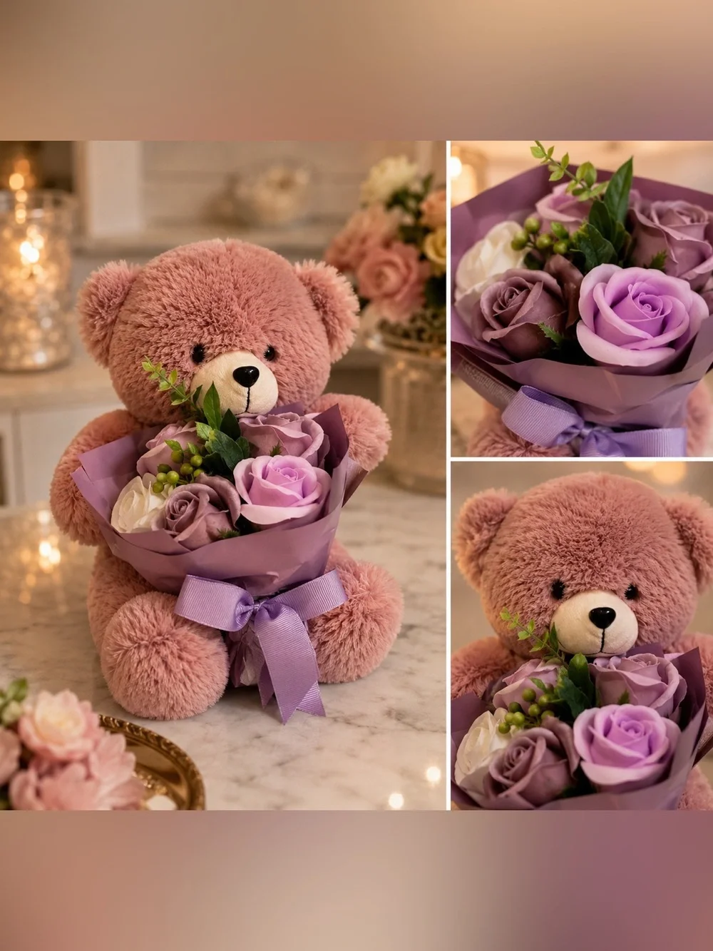Plush Teddy Bear with Silk Flower Bouquet – New Sealed